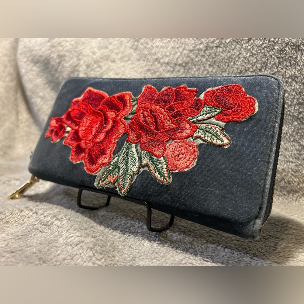 Urban Expressions Blue Velvet Rose Embroidered Seraphine Wallet